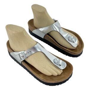 Birkenstock Papillio Gizeh Silver Metallic Leather Thong Sandals Women’s Size 8